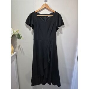 Homrain Black Flutter Sleeve Ruffle High Low Midi Dress V-Neck Size M